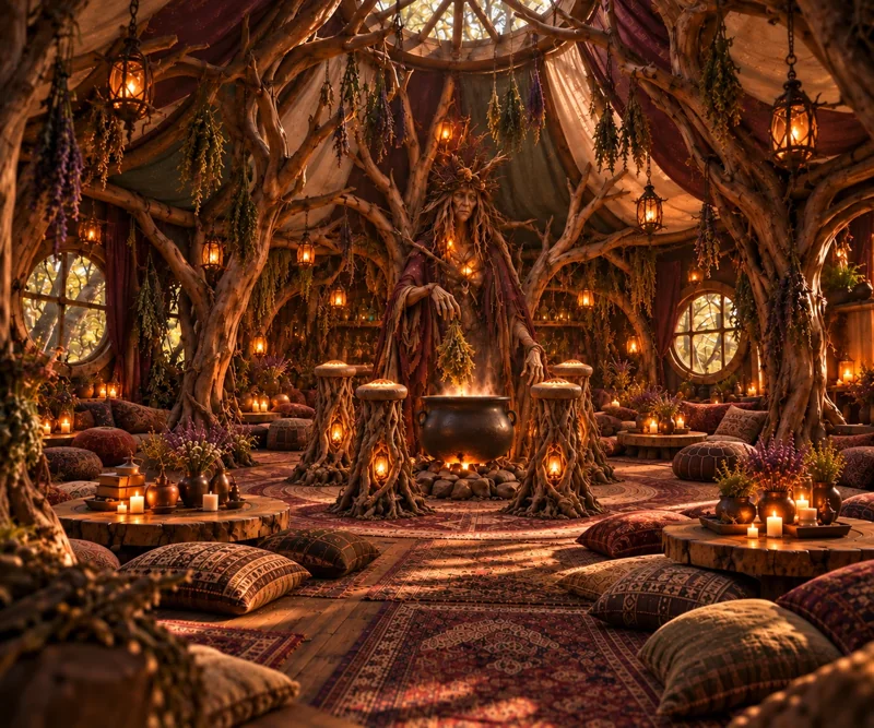 A close crop of the proposal interior, showing lantern-like light, patterned floor pillows and a low gathering table.