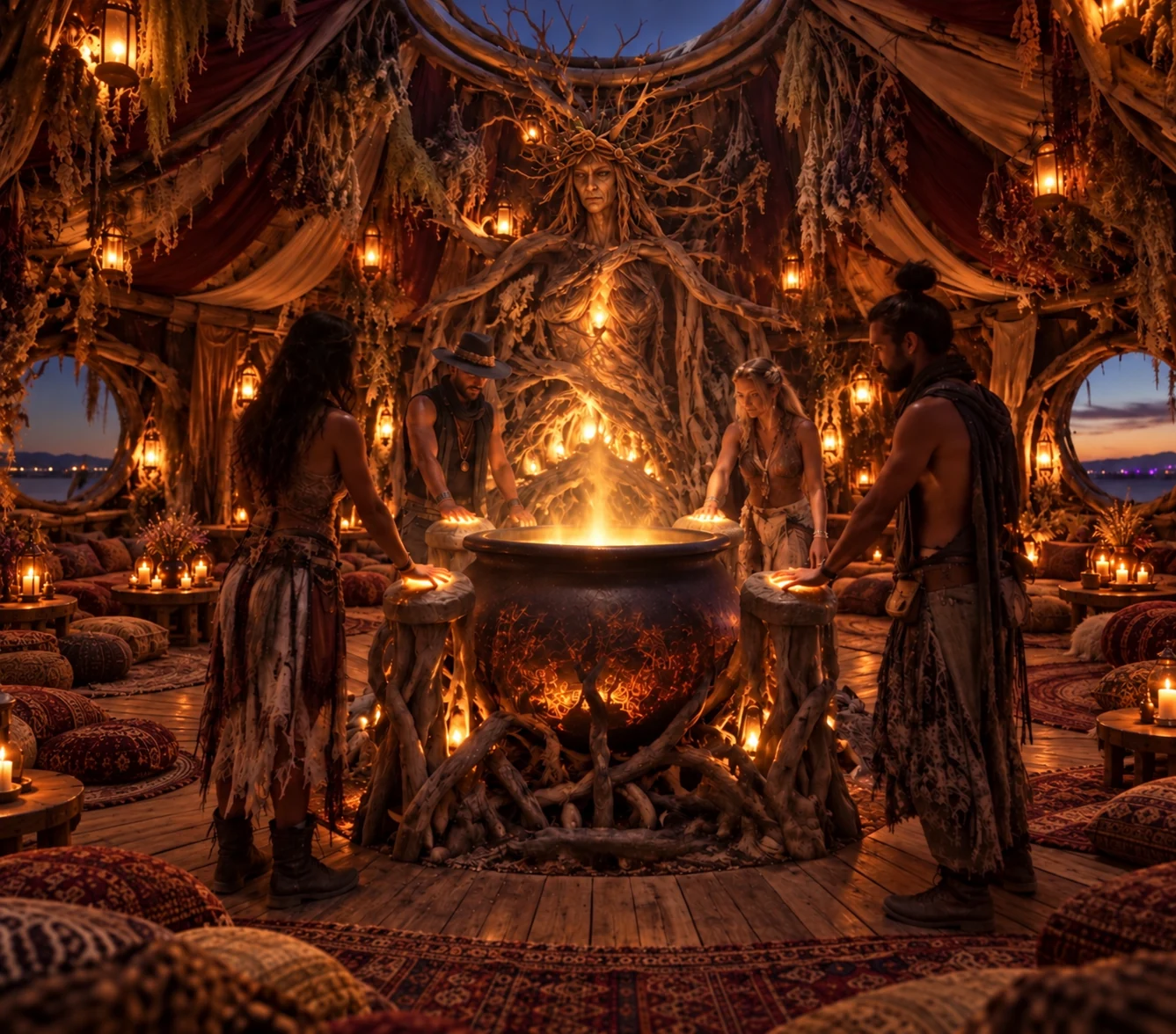 Approved ritual concept: four participants around the glowing cauldron, with hands resting on the tops of four separate pillars.